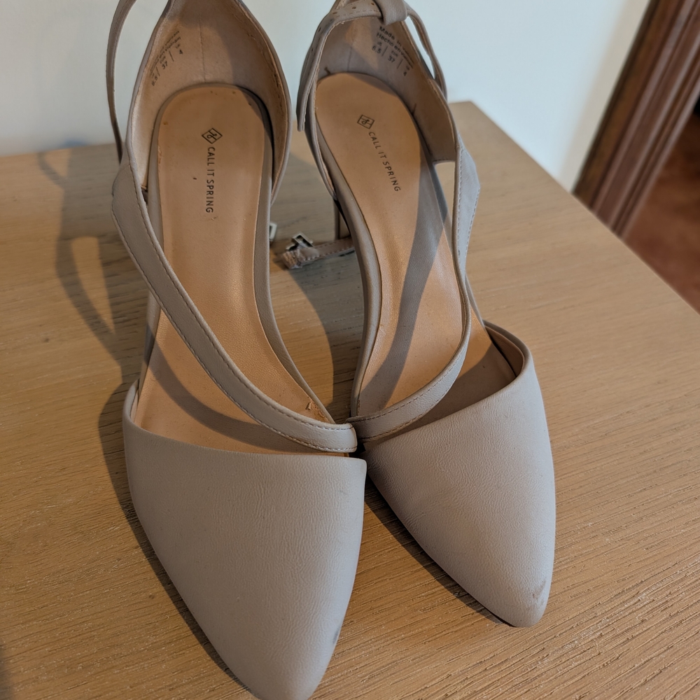Call It Spring Tan Heels with Ankle Strap and Pointed Toe